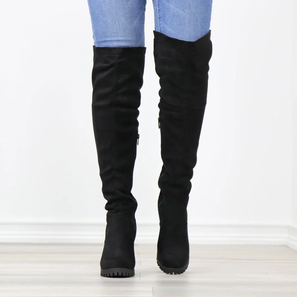 Full Lace-Up Back Black Faux Suede Thigh High Over The Knee Lug Block Heel Boots